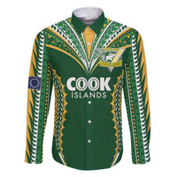 Custom Cook Islands Rugby League Family Matching Mermaid Dress and Hawaiian Shirt Tatau Tribal Pattern-Special Edition Green Color LT03 Dad's Shirt - Long Sleeve Green-Yellow - Polynesian Pride
