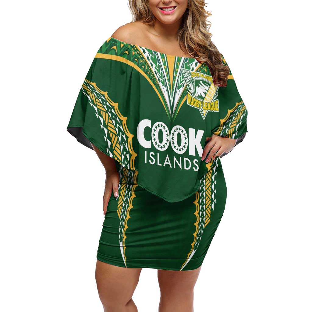 Custom Cook Islands Rugby League Family Matching Off Shoulder Short Dress and Hawaiian Shirt Tatau Tribal Pattern-Special Edition Green Color LT03 Mom's Dress Green-Yellow - Polynesian Pride
