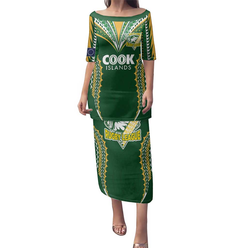 Custom Cook Islands Rugby League Family Matching Puletasi and Hawaiian Shirt Tatau Tribal Pattern-Special Edition Green Color LT03 Mom's Dress Green-Yellow - Polynesian Pride