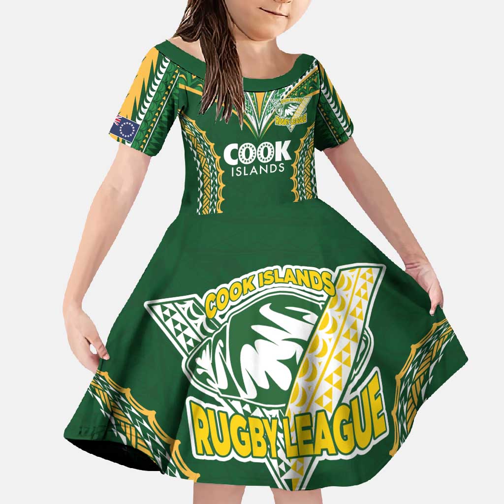 Custom Cook Islands Rugby League Family Matching Short Sleeve Bodycon Dress and Hawaiian Shirt Tatau Tribal Pattern-Special Edition Green Color LT03 Daughter's Dress Green-Yellow - Polynesian Pride