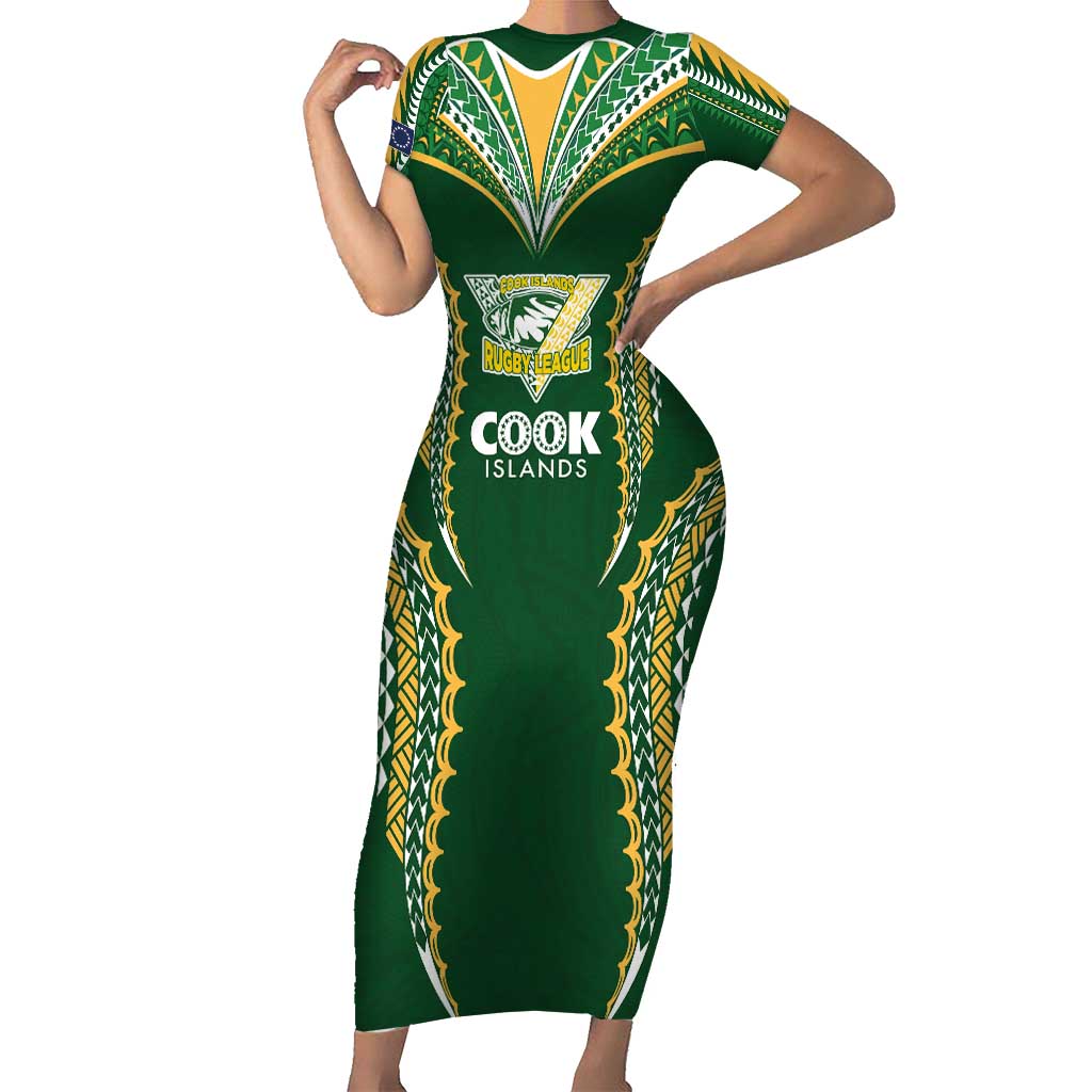 Custom Cook Islands Rugby League Family Matching Short Sleeve Bodycon Dress and Hawaiian Shirt Tatau Tribal Pattern-Special Edition Green Color LT03 Mom's Dress Green-Yellow - Polynesian Pride