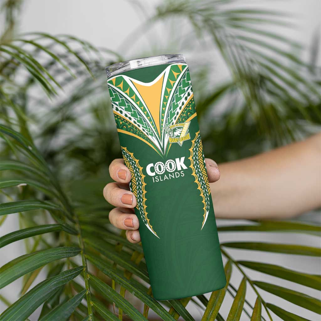Custom Cook Island Rugby League 2025 Skinny Tumbler Tatau Tribal Pattern-Special Edition Green Color