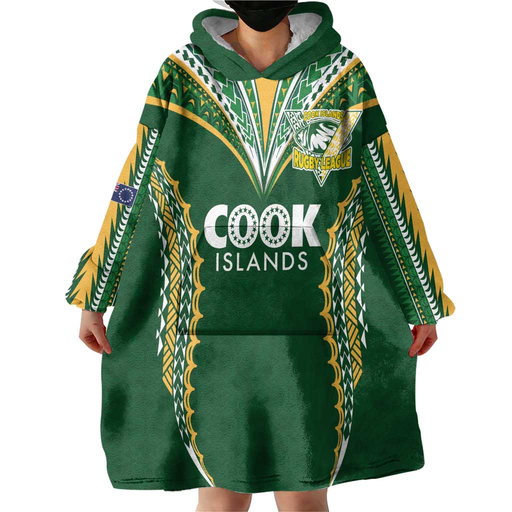 Custom Cook Islands Rugby League Wearable Blanket Hoodie Tatau Tribal Pattern-Special Edition Green Color