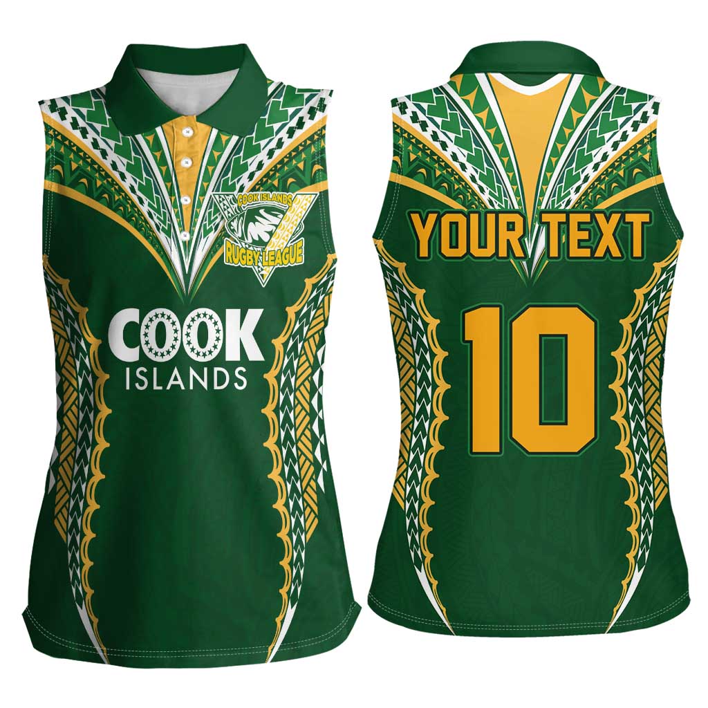 Custom Cook Islands Rugby League Women Sleeveless Polo Shirt Tatau Tribal Pattern-Special Edition Green Color