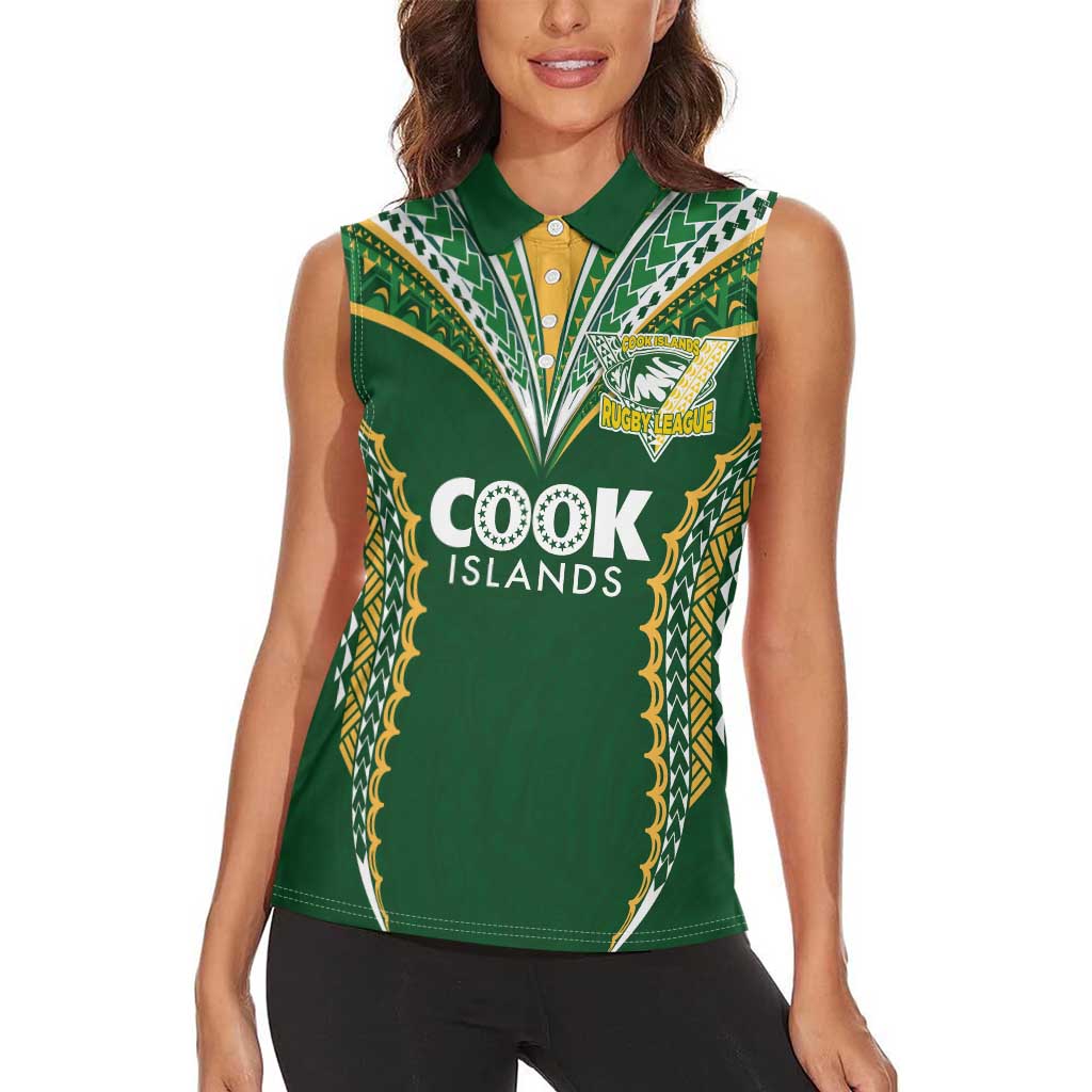 Custom Cook Islands Rugby League Women Sleeveless Polo Shirt Tatau Tribal Pattern-Special Edition Green Color