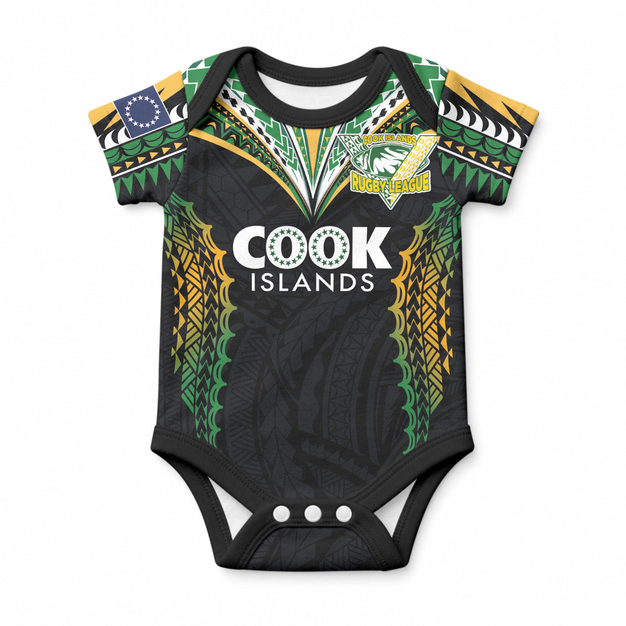 Custom Cook Islands Rugby League Baby Onesie LT03 Green-Black - Polynesian Pride