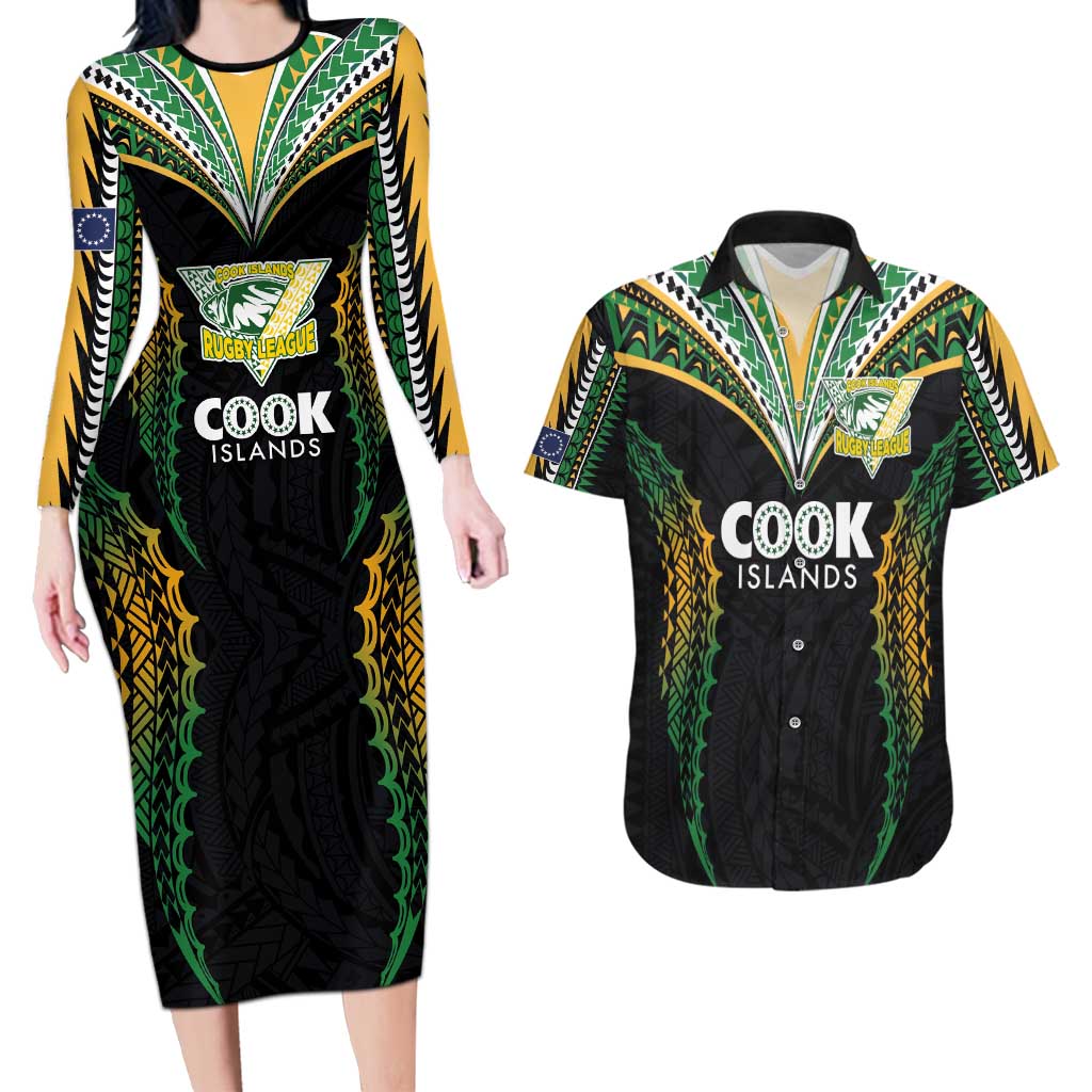 Custom Cook Islands Rugby League Couples Matching Long Sleeve Bodycon Dress and Hawaiian Shirt Tatau Tribal Pattern-Special Edition Black Color LT03 Green-Black - Polynesian Pride