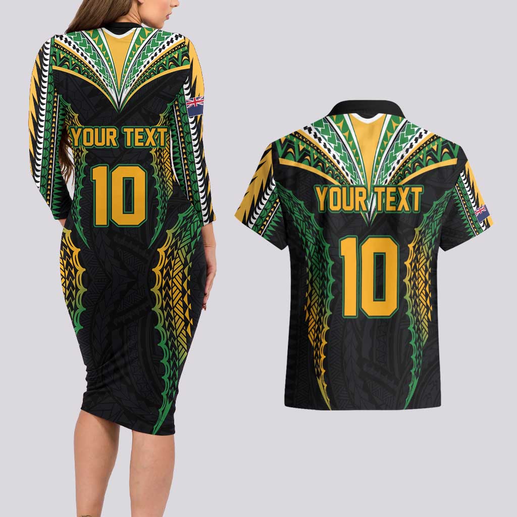 Custom Cook Islands Rugby League Couples Matching Long Sleeve Bodycon Dress and Hawaiian Shirt Tatau Tribal Pattern-Special Edition Black Color LT03 - Polynesian Pride