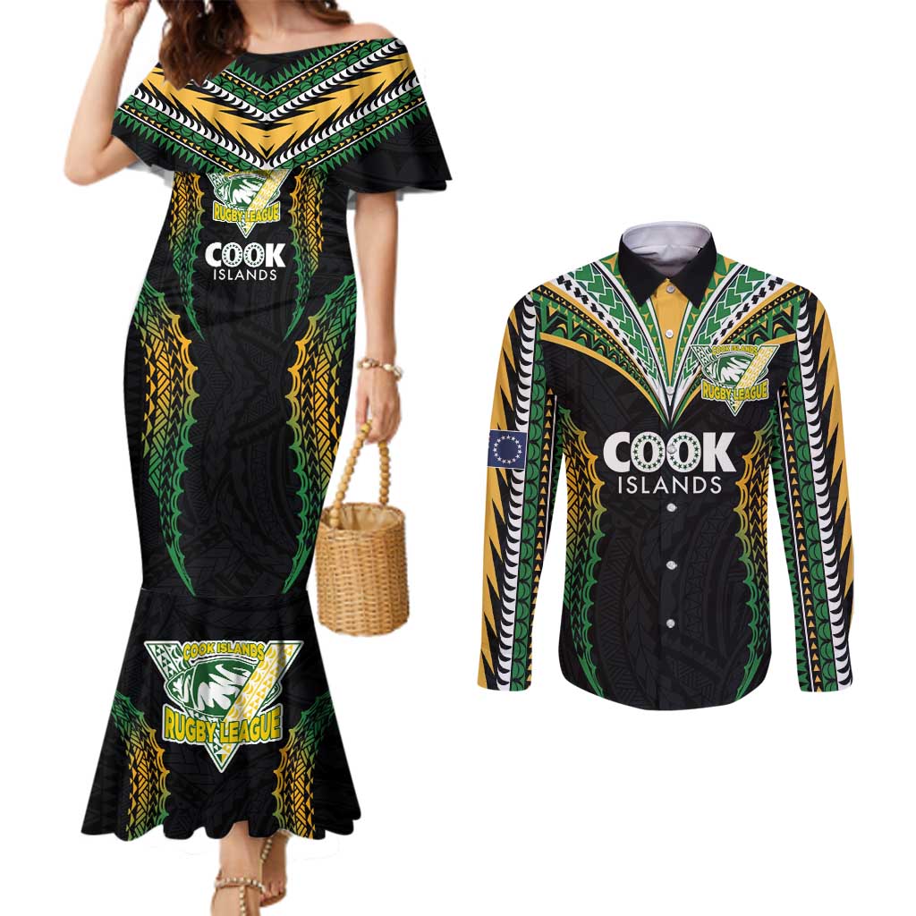 Custom Cook Islands Rugby League Couples Matching Mermaid Dress and Long Sleeve Button Shirt Tatau Tribal Pattern-Special Edition Black Color LT03 Green-Black - Polynesian Pride