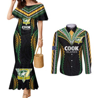 Custom Cook Islands Rugby League Couples Matching Mermaid Dress and Long Sleeve Button Shirt Tatau Tribal Pattern-Special Edition Black Color LT03 Green-Black - Polynesian Pride