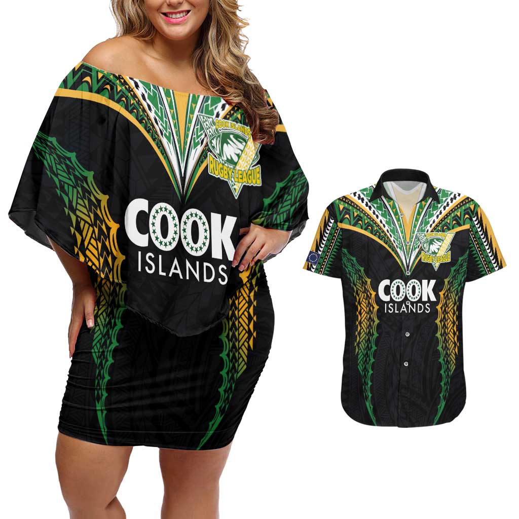 Custom Cook Islands Rugby League Couples Matching Off Shoulder Short Dress and Hawaiian Shirt Tatau Tribal Pattern-Special Edition Black Color LT03 Green-Black - Polynesian Pride