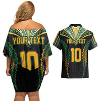 Custom Cook Islands Rugby League Couples Matching Off Shoulder Short Dress and Hawaiian Shirt Tatau Tribal Pattern-Special Edition Black Color LT03 - Polynesian Pride