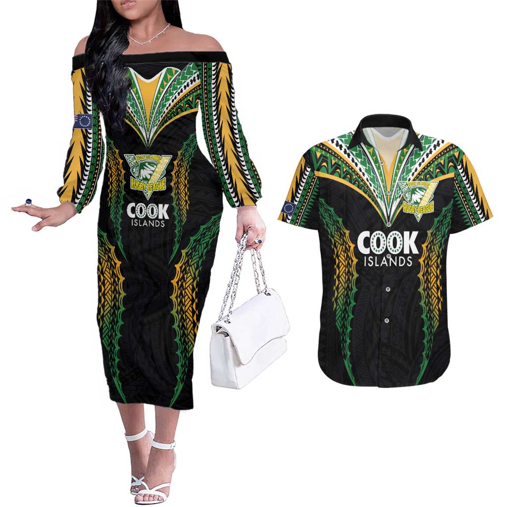 Custom Cook Islands Rugby League Couples Matching Off The Shoulder Long Sleeve Dress and Hawaiian Shirt Tatau Tribal Pattern-Special Edition Black Color LT03 Green-Black - Polynesian Pride