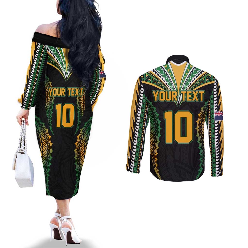 Custom Cook Islands Rugby League Couples Matching Off The Shoulder Long Sleeve Dress and Long Sleeve Button Shirt Tatau Tribal Pattern-Special Edition Black Color LT03 - Polynesian Pride