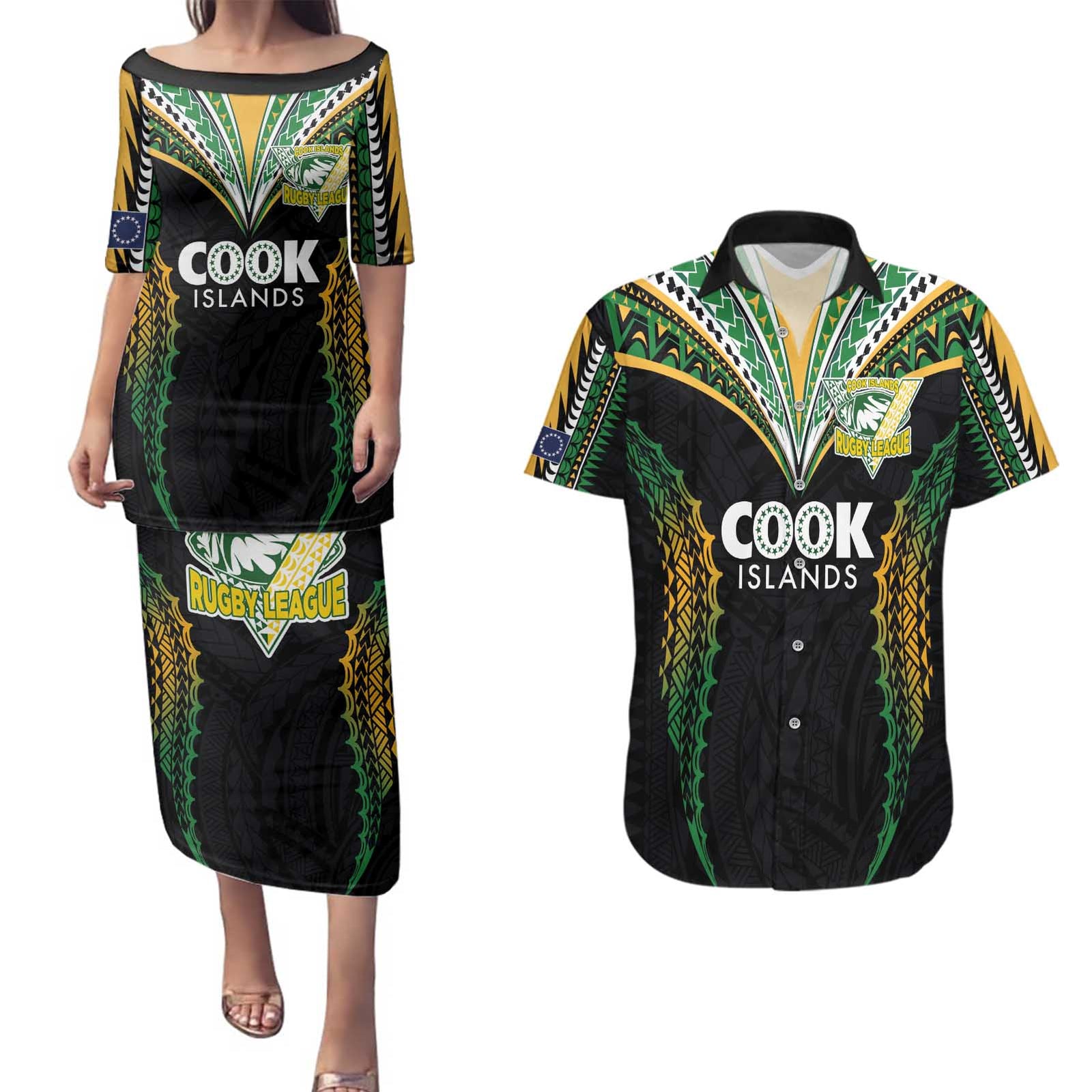 Custom Cook Islands Rugby League Couples Matching Puletasi and Hawaiian Shirt Tatau Tribal Pattern-Special Edition Black Color