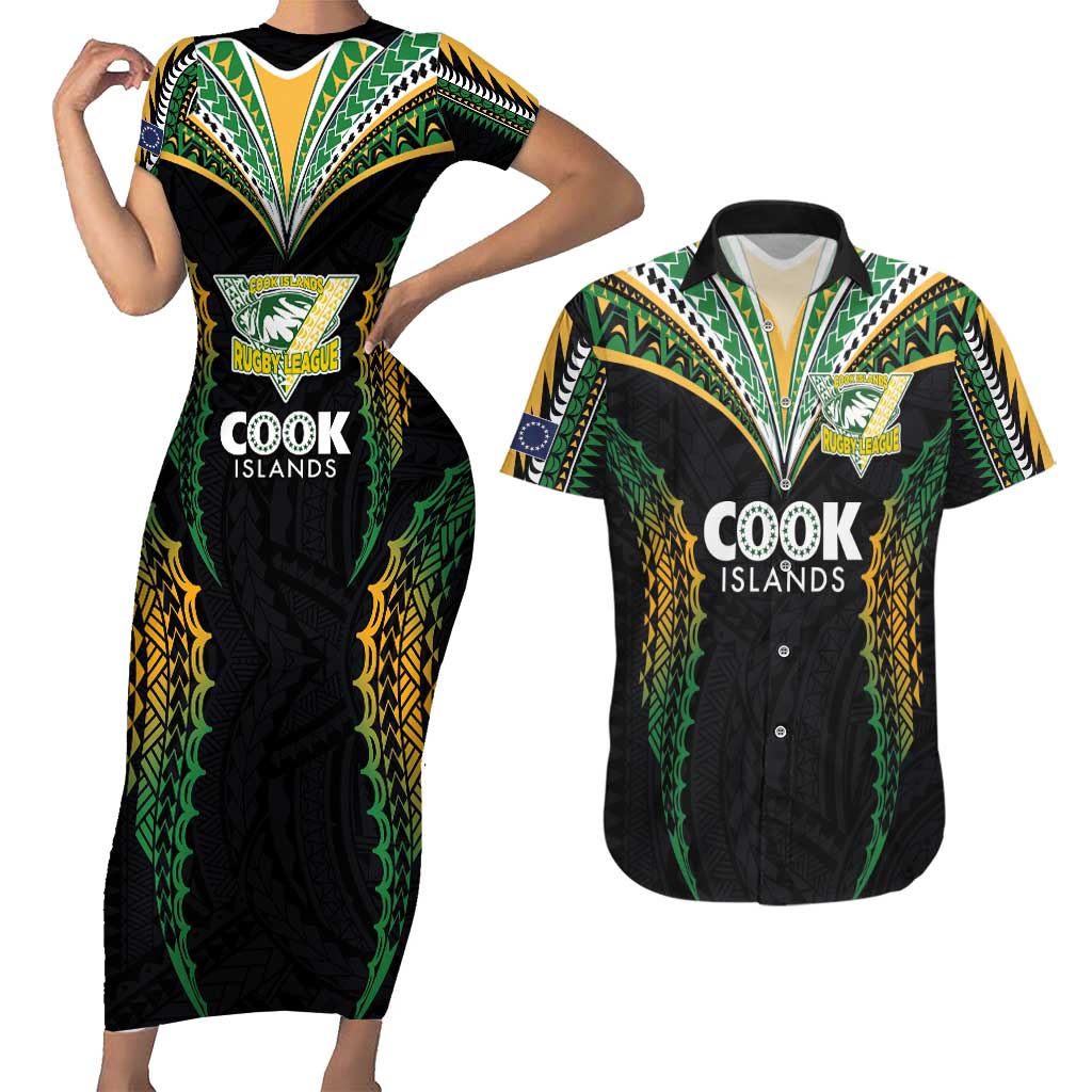 Custom Cook Islands Rugby League Couples Matching Short Sleeve Bodycon Dress and Hawaiian Shirt Tatau Tribal Pattern-Special Edition Black Color LT03 Green-Black - Polynesian Pride