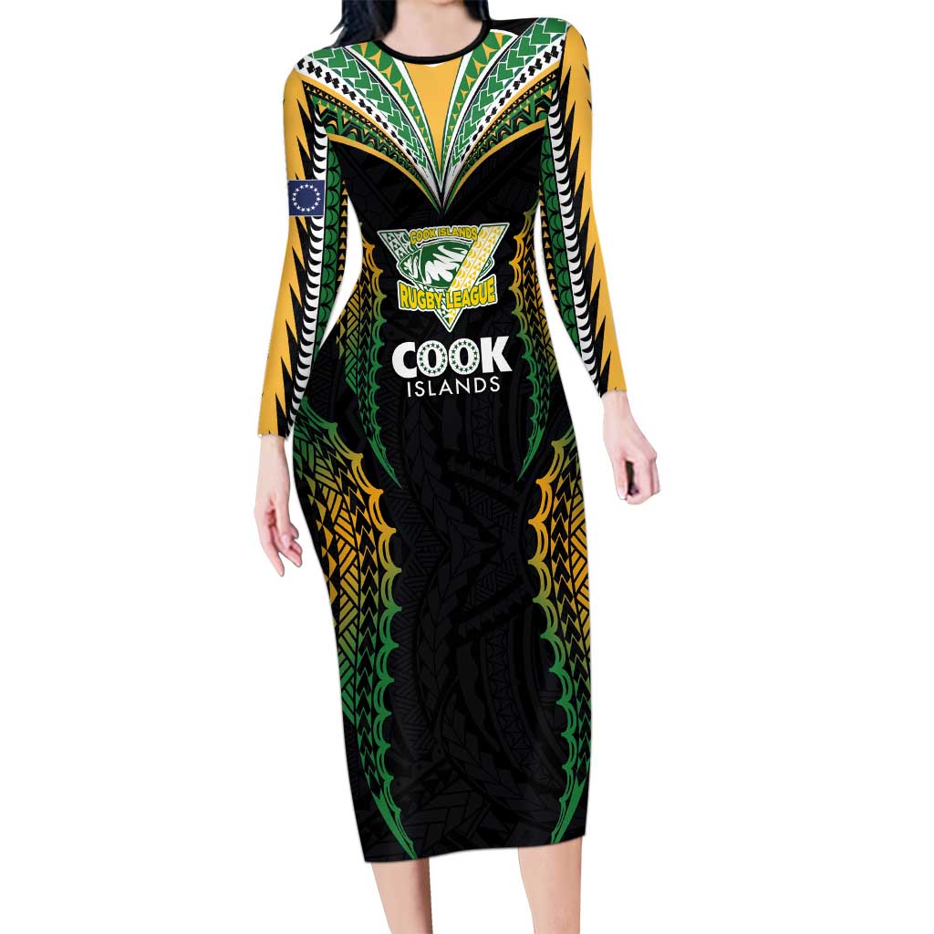 Custom Cook Islands Rugby League Family Matching Long Sleeve Bodycon Dress and Hawaiian Shirt Tatau Tribal Pattern-Special Edition Black Color LT03 Mom's Dress Green-Black - Polynesian Pride