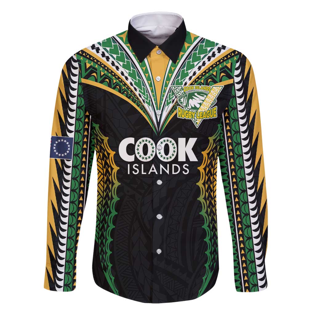 Custom Cook Islands Rugby League Family Matching Mermaid Dress and Hawaiian Shirt Tatau Tribal Pattern-Special Edition Black Color LT03 Dad's Shirt - Long Sleeve Green-Black - Polynesian Pride