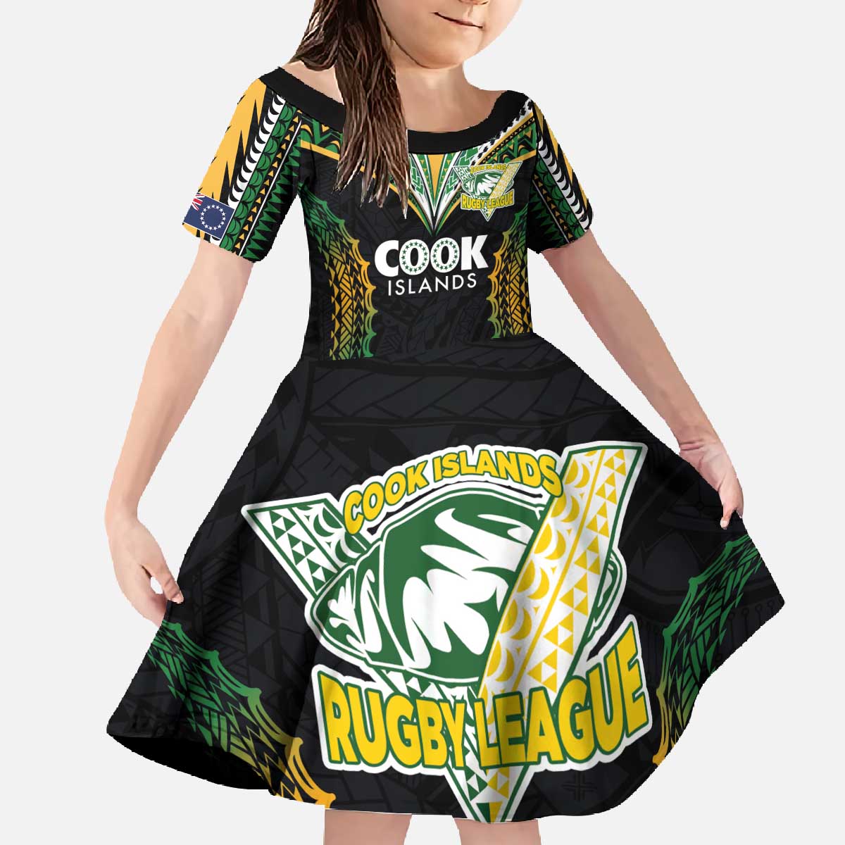 Custom Cook Islands Rugby League Family Matching Off The Shoulder Long Sleeve Dress and Hawaiian Shirt Tatau Tribal Pattern-Special Edition Black Color LT03 Daughter's Dress Green-Black - Polynesian Pride