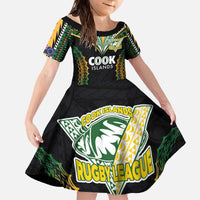 Custom Cook Islands Rugby League Family Matching Off The Shoulder Long Sleeve Dress and Hawaiian Shirt Tatau Tribal Pattern-Special Edition Black Color LT03 Daughter's Dress Green-Black - Polynesian Pride