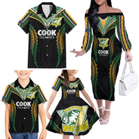 Custom Cook Islands Rugby League Family Matching Off The Shoulder Long Sleeve Dress and Hawaiian Shirt Tatau Tribal Pattern-Special Edition Black Color LT03 - Polynesian Pride