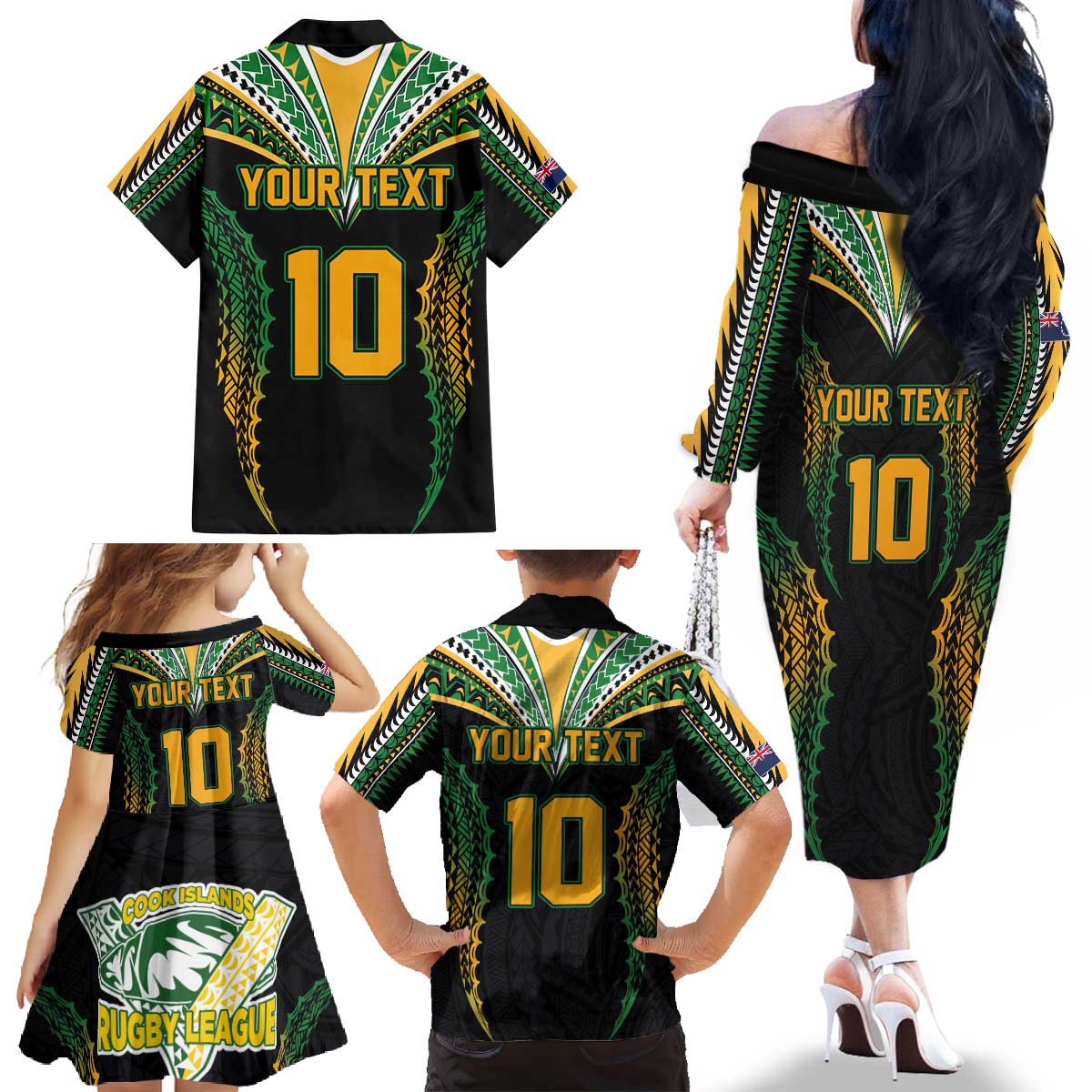 Custom Cook Islands Rugby League Family Matching Off The Shoulder Long Sleeve Dress and Hawaiian Shirt Tatau Tribal Pattern-Special Edition Black Color LT03 - Polynesian Pride