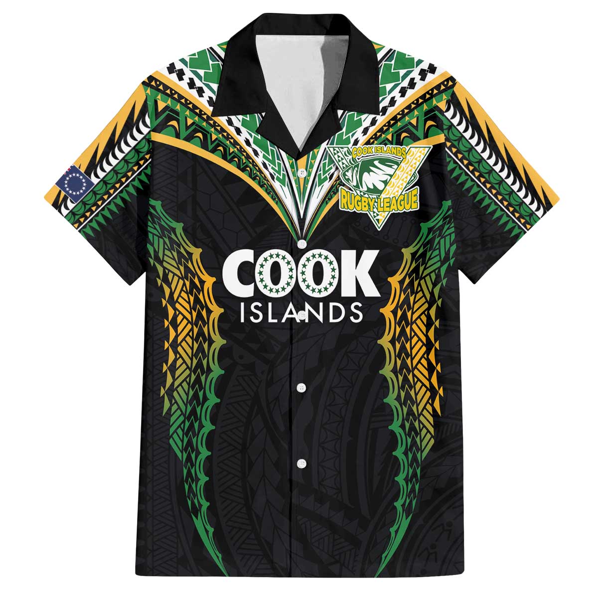 Custom Cook Islands Rugby League Family Matching Off The Shoulder Long Sleeve Dress and Hawaiian Shirt Tatau Tribal Pattern-Special Edition Black Color LT03 Dad's Shirt - Short Sleeve Green-Black - Polynesian Pride