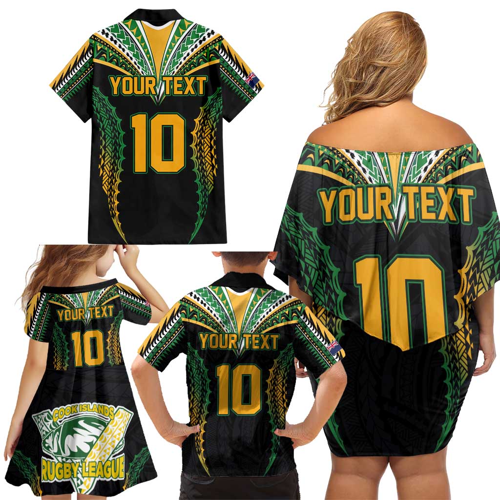 Custom Cook Islands Rugby League Family Matching Off Shoulder Short Dress and Hawaiian Shirt Tatau Tribal Pattern-Special Edition Black Color LT03 - Polynesian Pride
