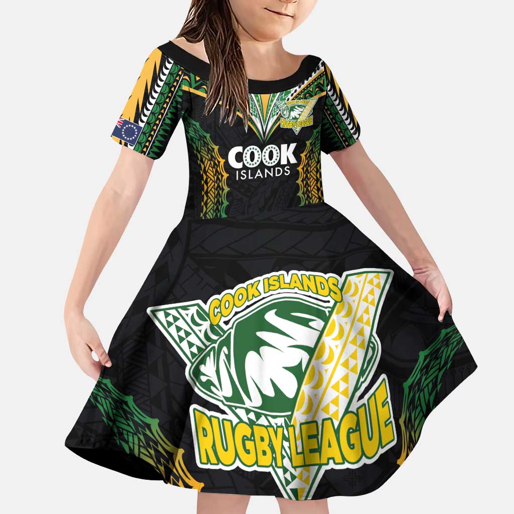 Custom Cook Islands Rugby League Family Matching Puletasi and Hawaiian Shirt Tatau Tribal Pattern-Special Edition Black Color LT03 Daughter's Dress Green-Black - Polynesian Pride