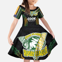 Custom Cook Islands Rugby League Family Matching Short Sleeve Bodycon Dress and Hawaiian Shirt Tatau Tribal Pattern-Special Edition Black Color LT03 Daughter's Dress Green-Black - Polynesian Pride