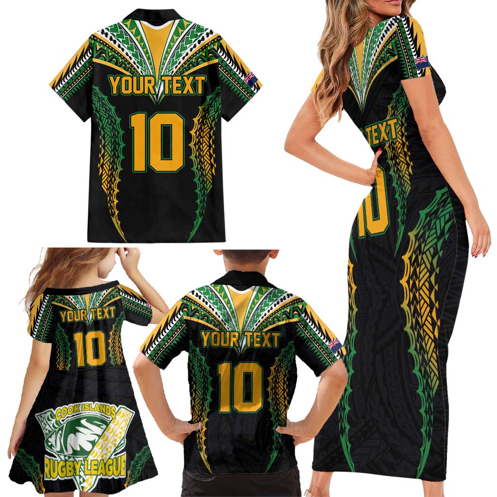 Custom Cook Islands Rugby League Family Matching Short Sleeve Bodycon Dress and Hawaiian Shirt Tatau Tribal Pattern-Special Edition Black Color LT03 - Polynesian Pride