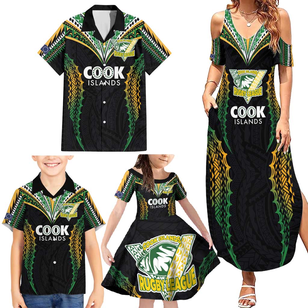 Custom Cook Islands Rugby League Family Matching Summer Maxi Dress and Hawaiian Shirt Tatau Tribal Pattern-Special Edition Black Color LT03 - Polynesian Pride