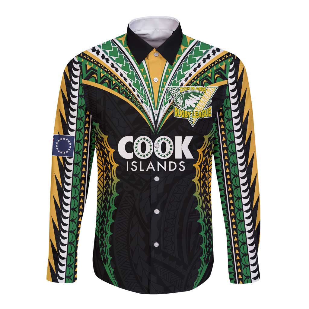 Custom Cook Islands Rugby League Long Sleeve Button Shirt Tatau Tribal Pattern-Special Edition Black Color