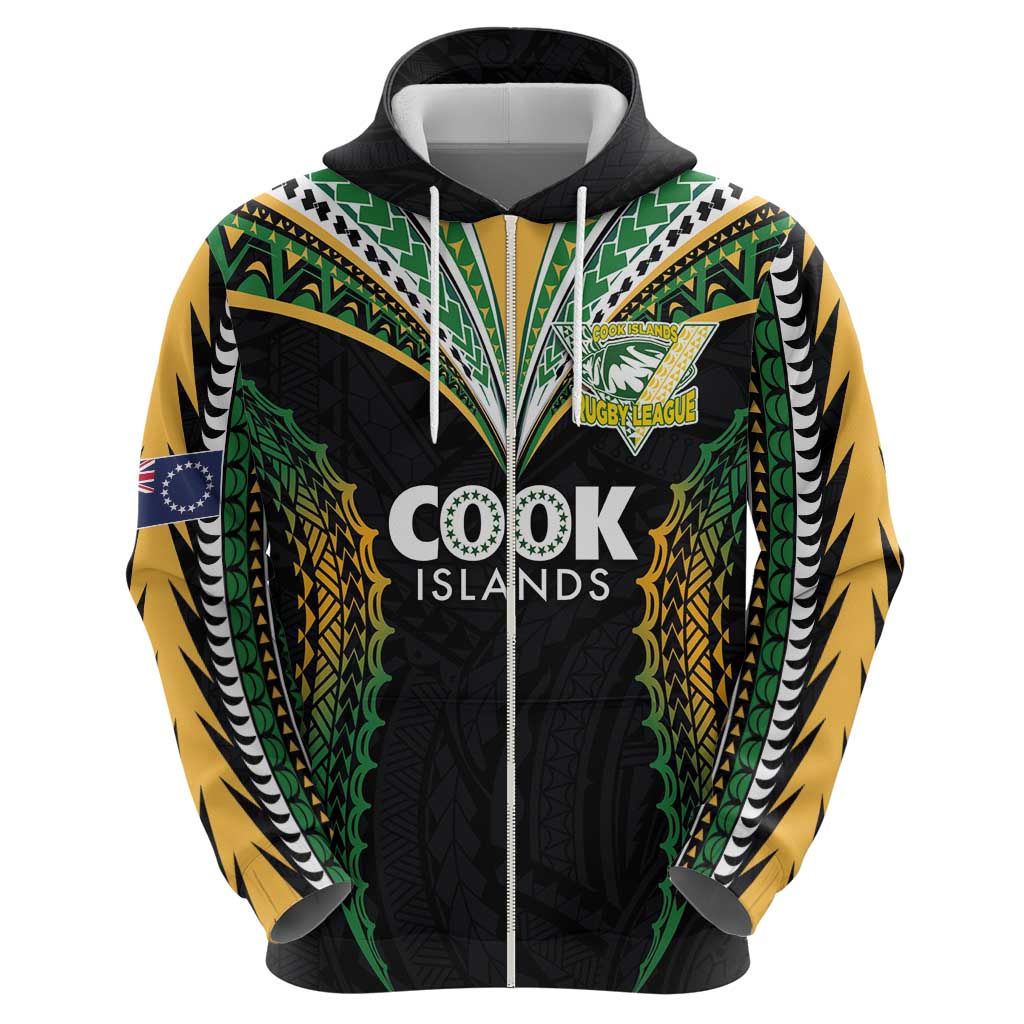 Custom Cook Islands Rugby League Zip Hoodie Tatau Tribal Pattern-Special Edition Black Color