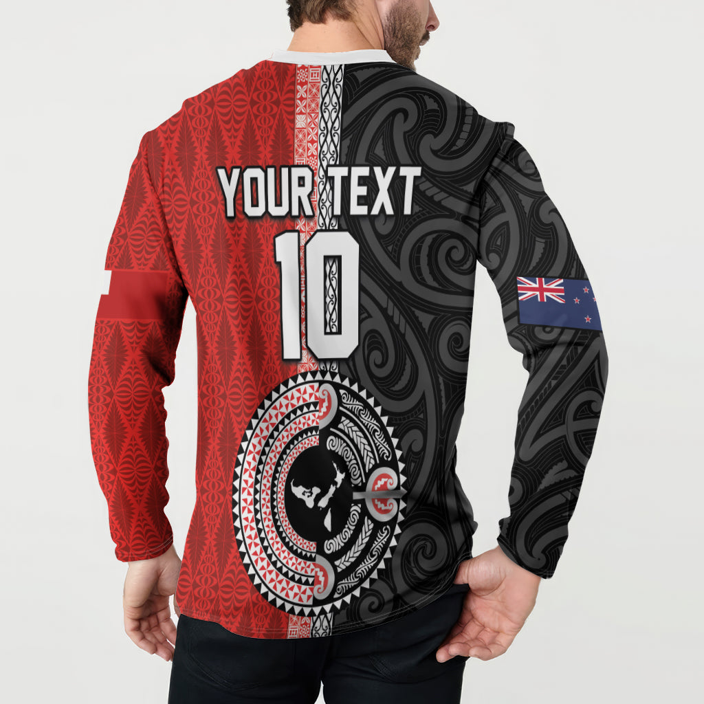 Custom Tonga and New Zealand Rugby Button Sweatshirt Maori Mix Ngatu Pattern
