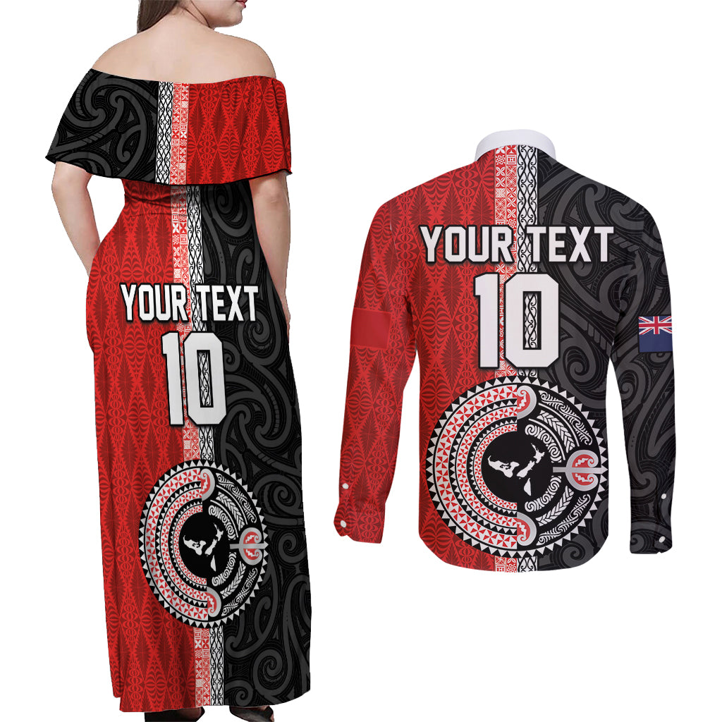 Custom Tonga and New Zealand Rugby Couples Matching Off Shoulder Maxi Dress and Long Sleeve Button Shirt Maori Mix Ngatu Pattern