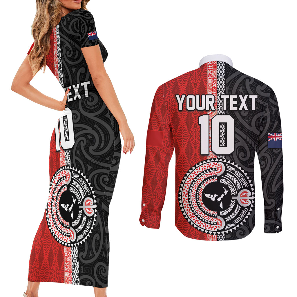 Custom Tonga and New Zealand Rugby Couples Matching Short Sleeve Bodycon Dress and Long Sleeve Button Shirt Maori Mix Ngatu Pattern