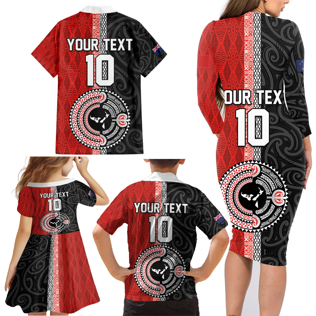 Custom Tonga and New Zealand Rugby Family Matching Long Sleeve Bodycon Dress and Hawaiian Shirt Maori Mix Ngatu Pattern