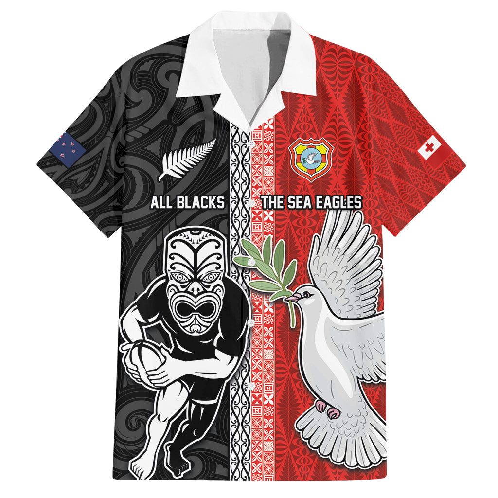 Custom Tonga and New Zealand Rugby Family Matching Off Shoulder Short Dress and Hawaiian Shirt Maori Mix Ngatu Pattern