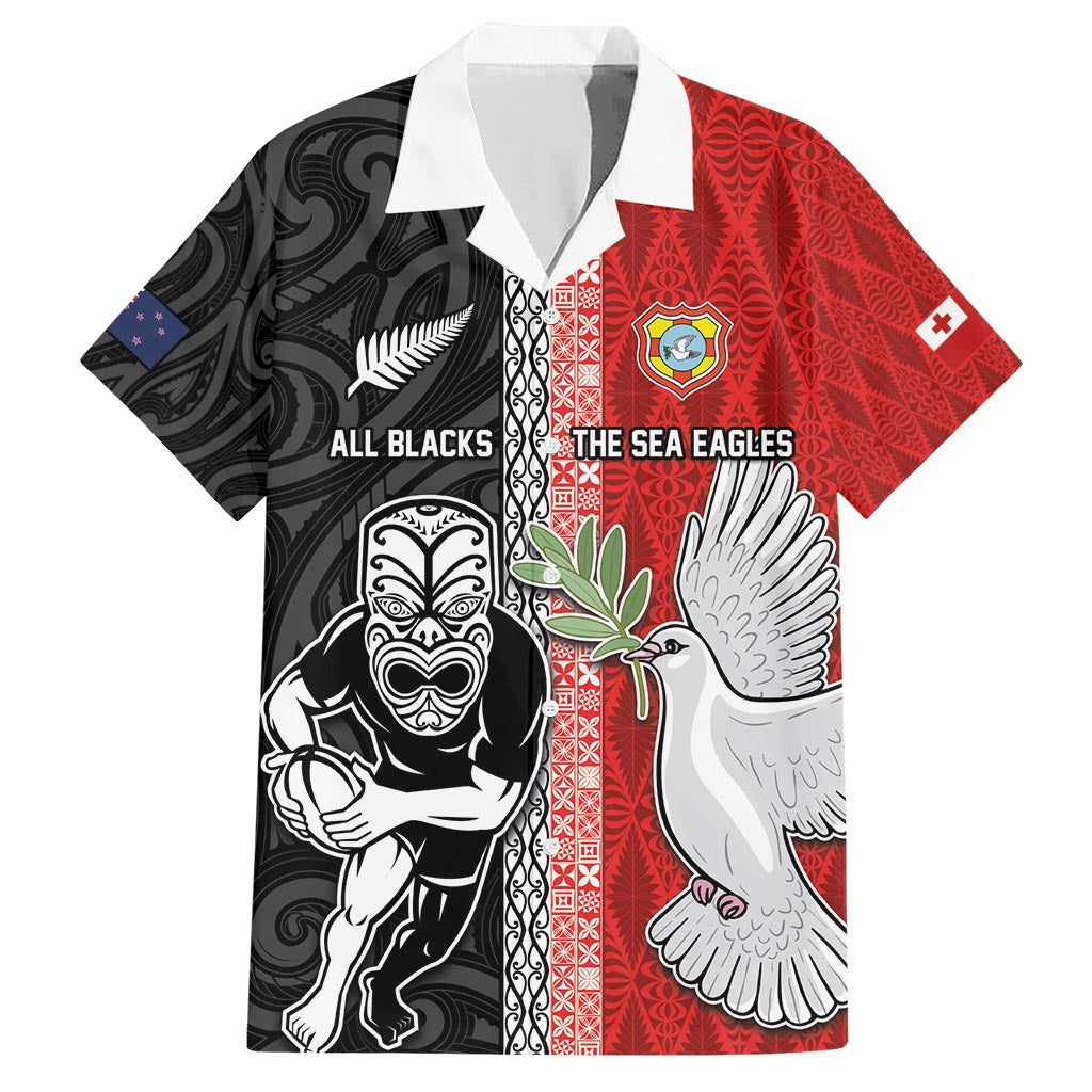 Custom Tonga and New Zealand Rugby Hawaiian Shirt Maori Mix Ngatu Pattern