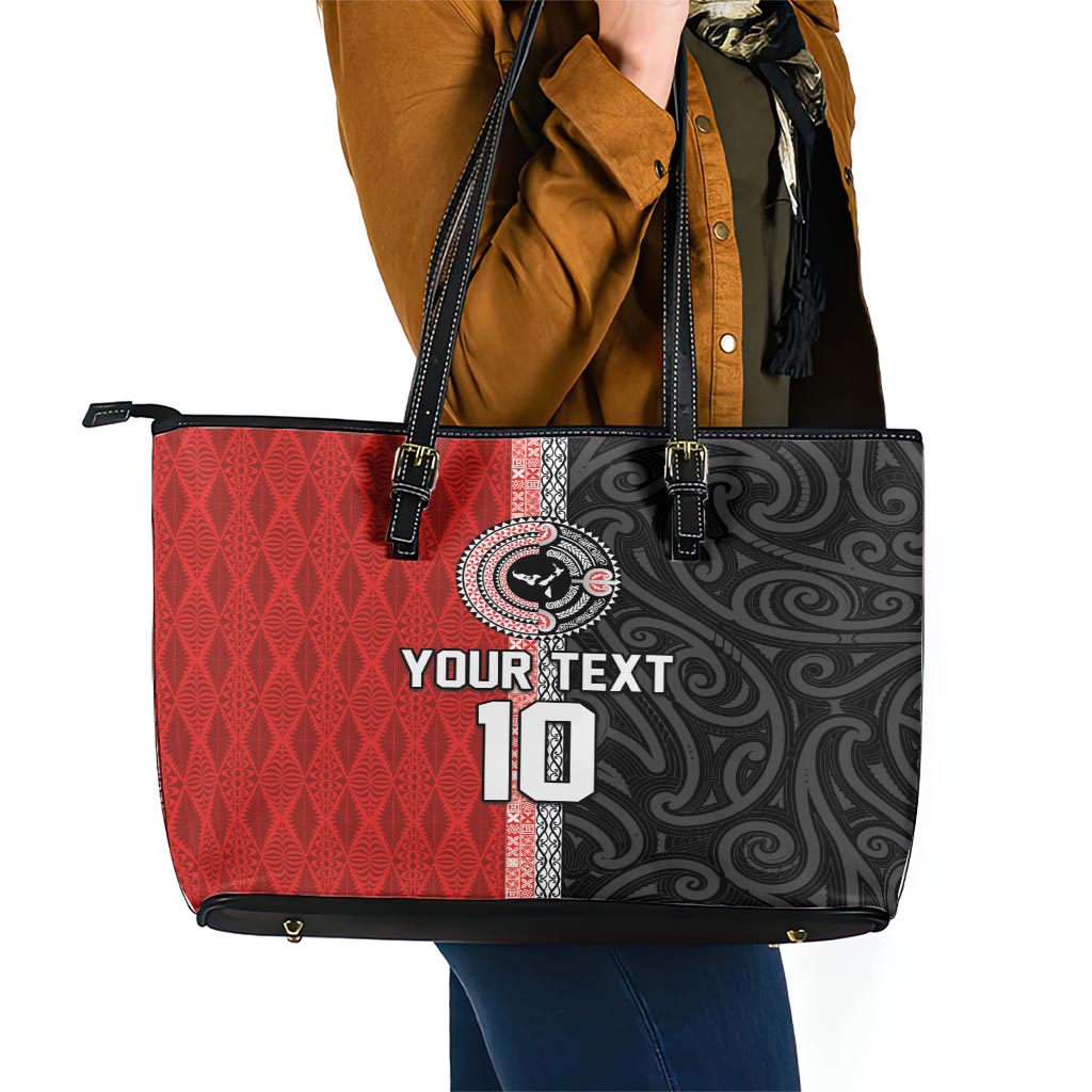 Custom Tonga and New Zealand Rugby Leather Tote Bag Maori Mix Ngatu Pattern