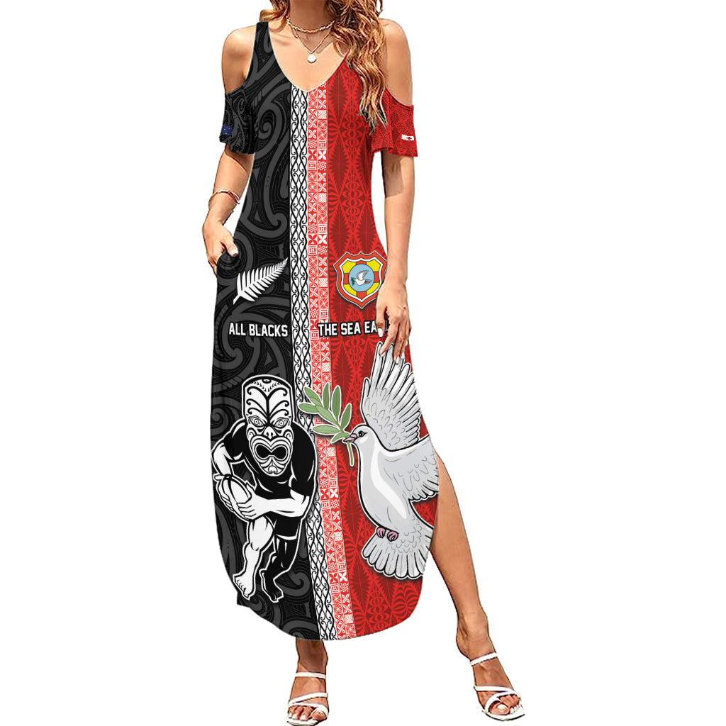 Custom Tonga and New Zealand Rugby Summer Maxi Dress Maori Mix Ngatu Pattern