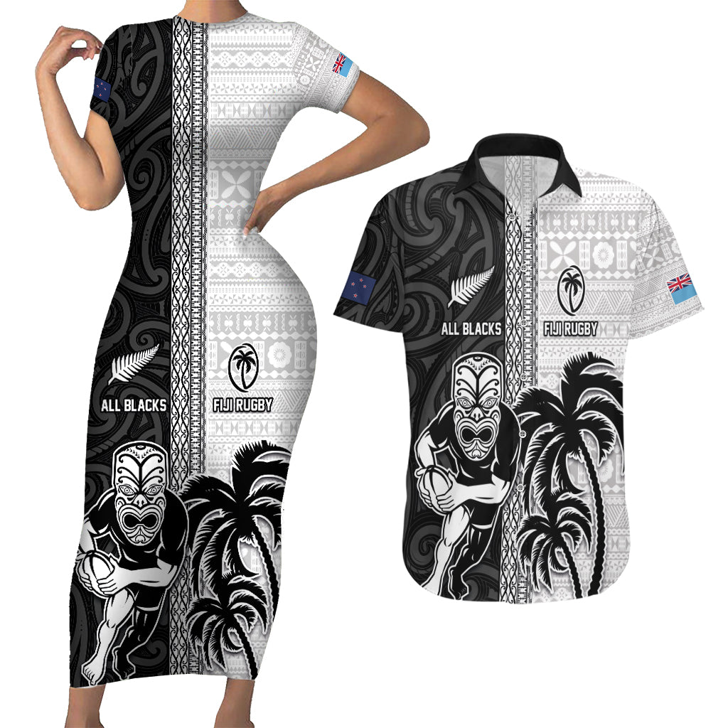 Custom Fiji and New Zealand Rugby Couples Matching Short Sleeve Bodycon Dress and Hawaiian Shirt Tapa Mix Maori Pattern