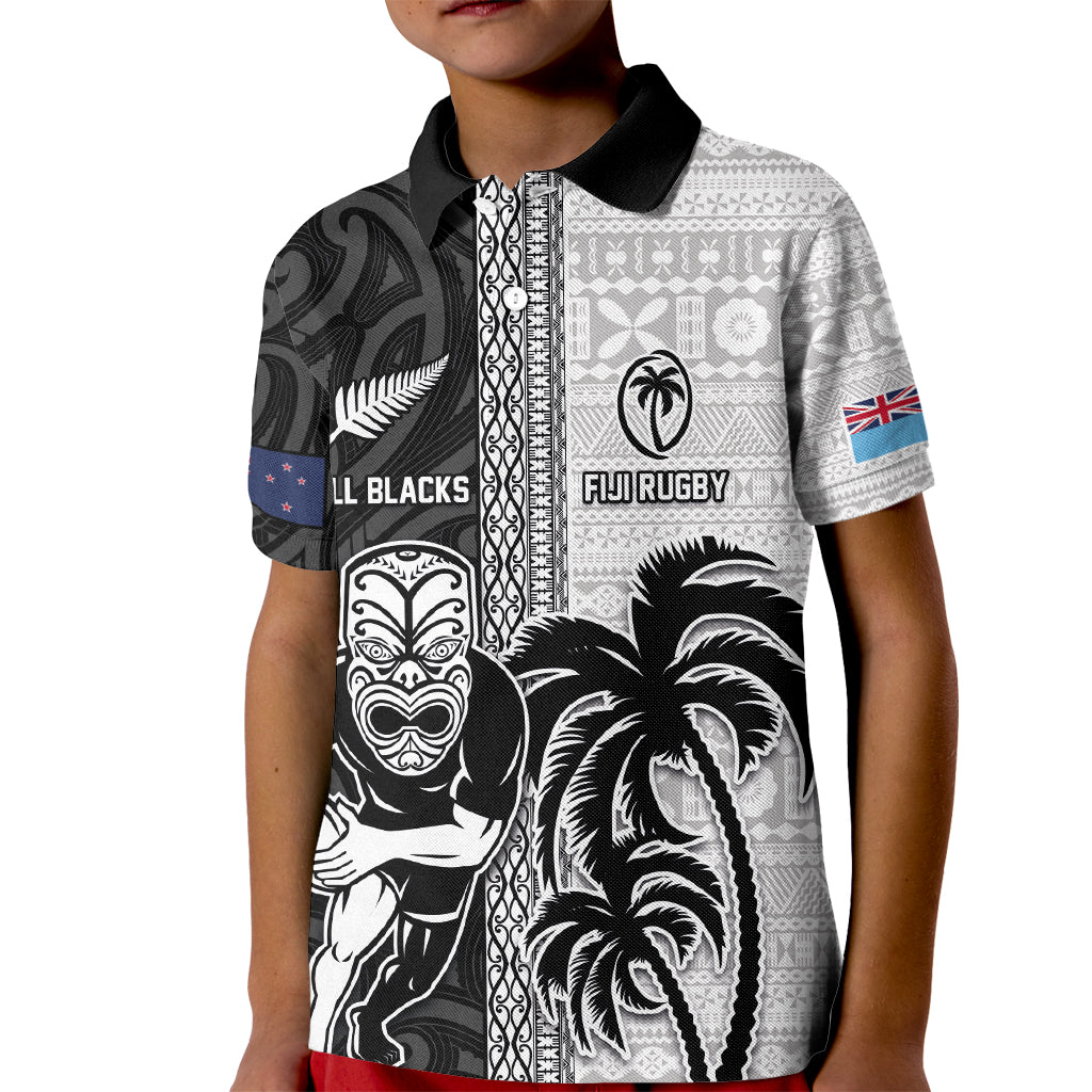 Custom Fiji and New Zealand Rugby Kid Polo Shirt Tapa Mix Maori Pattern