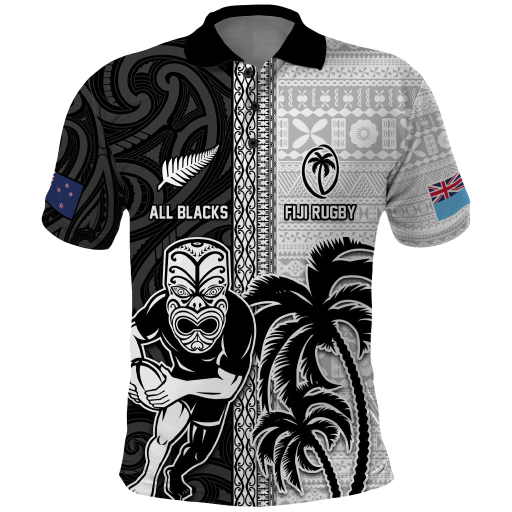 Custom Fiji and New Zealand Rugby Polo Shirt Tapa Mix Maori Pattern LT03 Black - Polynesian Pride