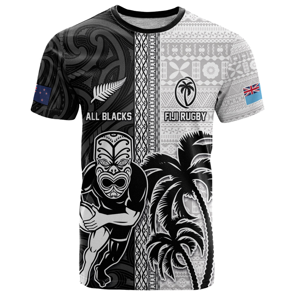 Custom Fiji and New Zealand Rugby T Shirt Tapa Mix Maori Pattern LT03 Black - Polynesian Pride