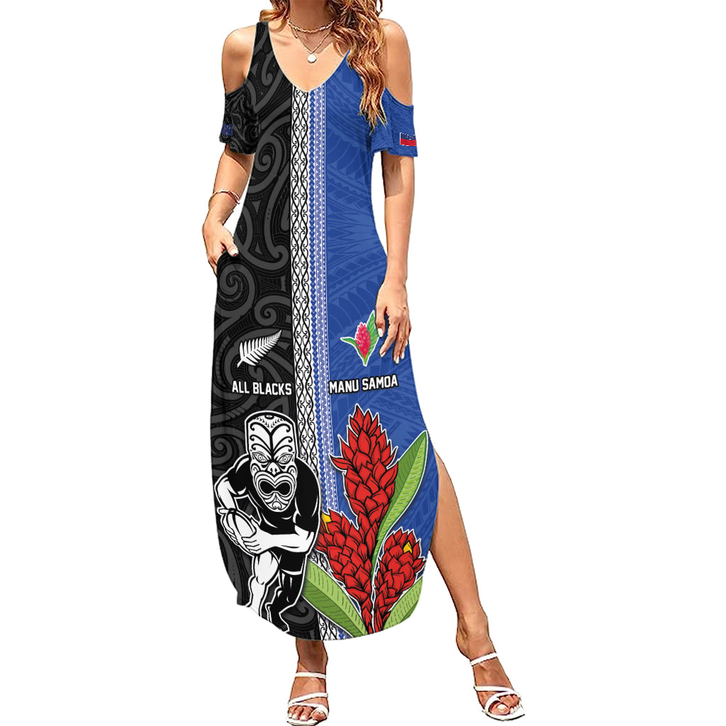 Custom Samoa and New Zealand Rugby Summer Maxi Dress Teuila Samoan and Maori Warrior