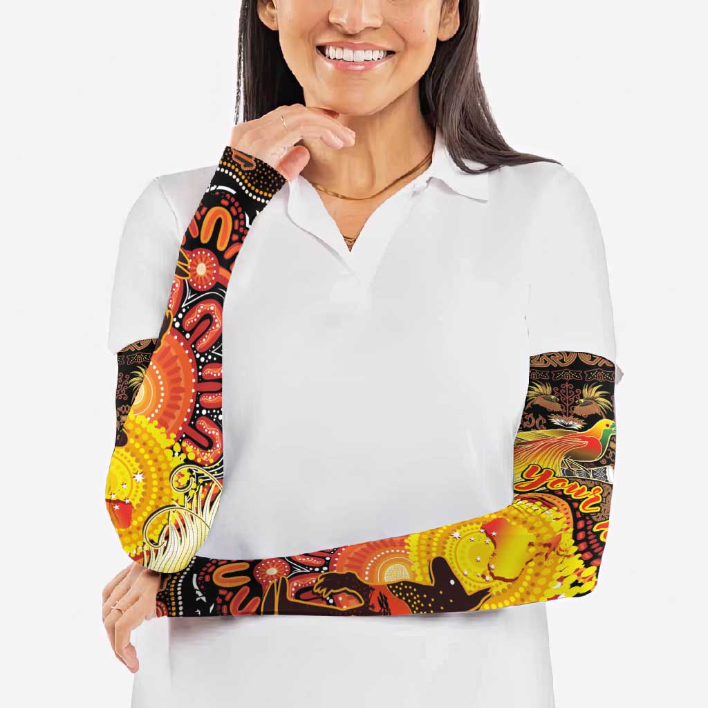 Personalized Australia and Papua New Guinea Together Arm Sleeves Kangaroo Aboriginal Art and Bird-of-paradise Oro Tribal Motifs LT03 - Polynesian Pride