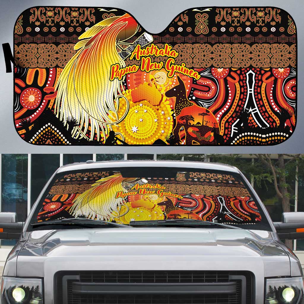 Australia and Papua New Guinea Together Auto Sun Shade Kangaroo Aboriginal Art and Bird-of-paradise Oro Tribal Motifs LT03 Black - Polynesian Pride