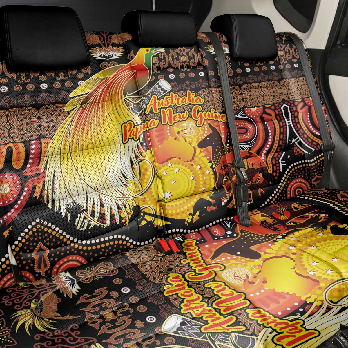 Australia and Papua New Guinea Together Back Car Seat Cover Kangaroo Aboriginal Art and Bird-of-paradise Oro Tribal Motifs LT03 - Polynesian Pride